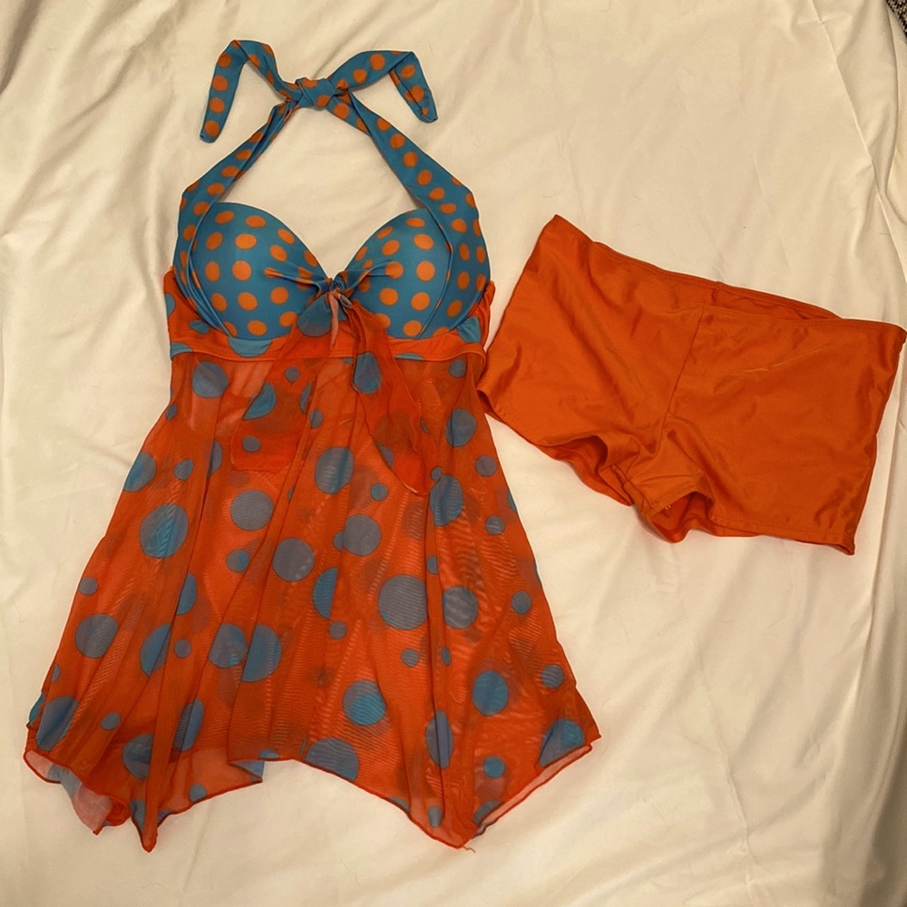 New! Women’s Tankini Swim Suit. orange & turquoise w/ large polka dots. size L